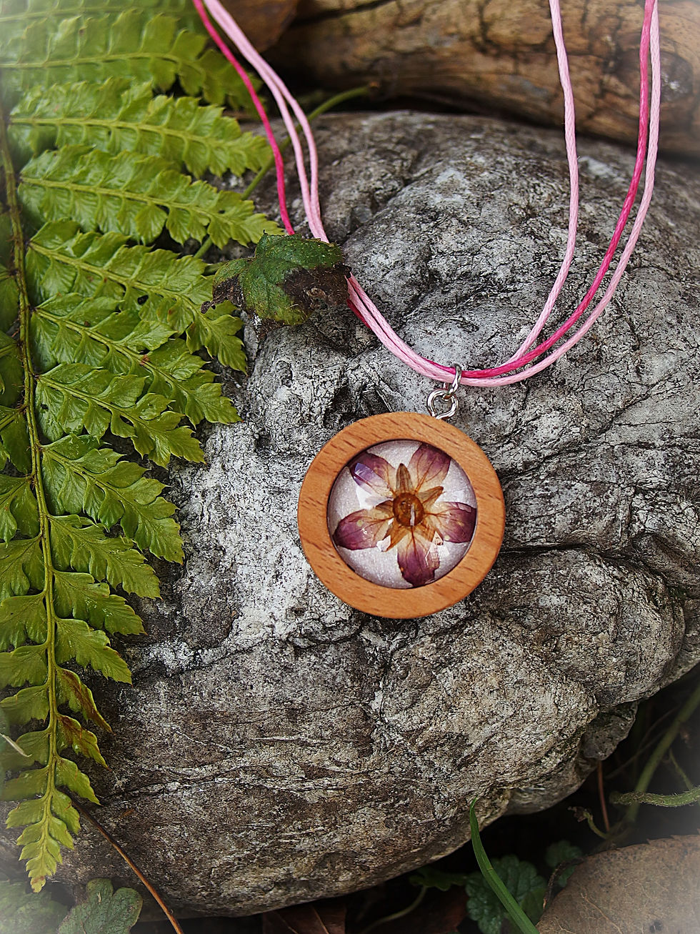 Handgemachte Halskette aus Buchenholz mit echter Steinbrechblüte hinter Glas, ohne Perlen, auf Stein fotografiert, Fassung 24mm (Sternchenlieb)