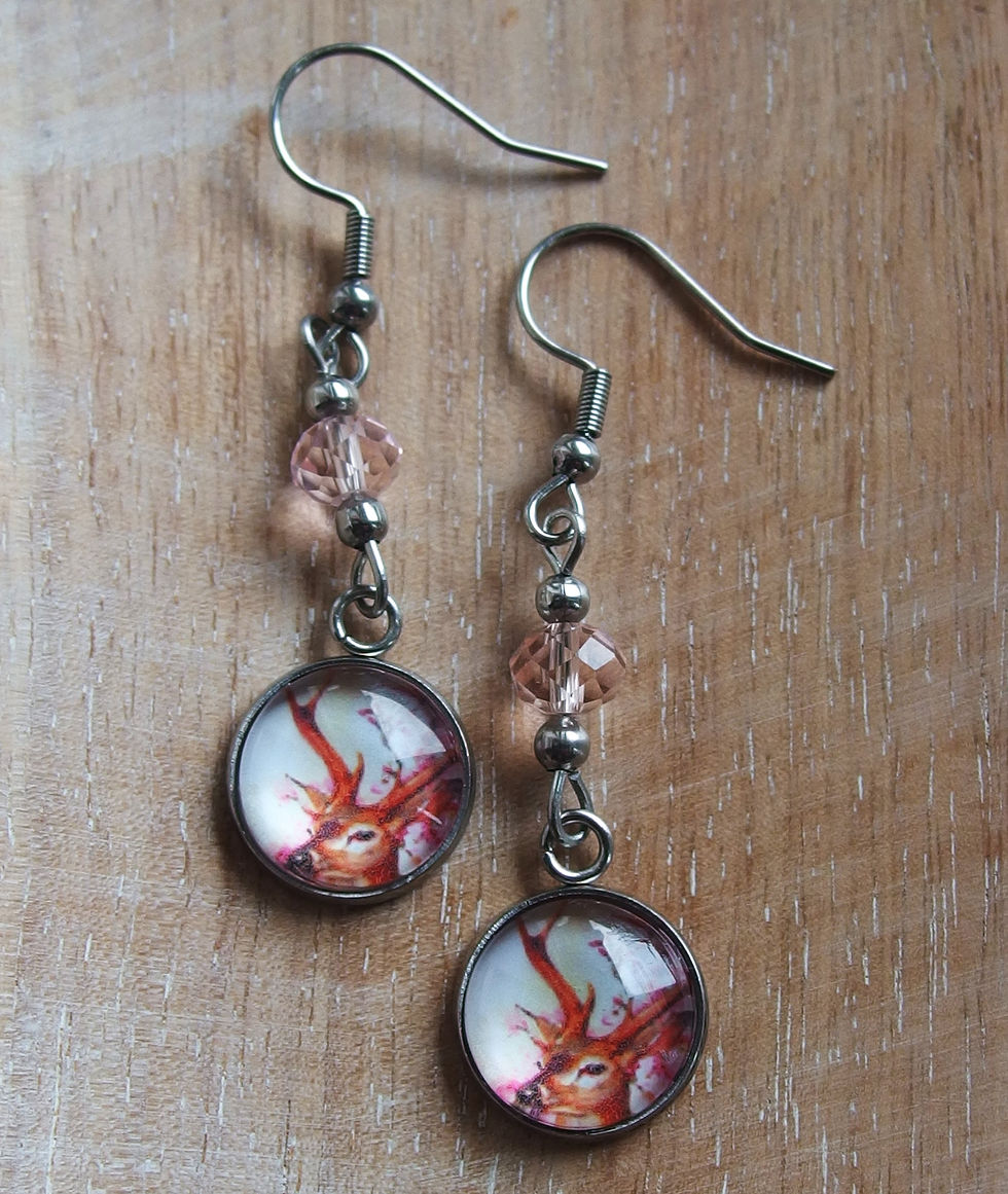 Handgemachte Ohrringe Edelstahl mit Bild von Hirsch Rosa hinter Glas und  Glasperle von oben fotografiert, Fassung 13mm, Länge 5cm (Sternchenlieb)