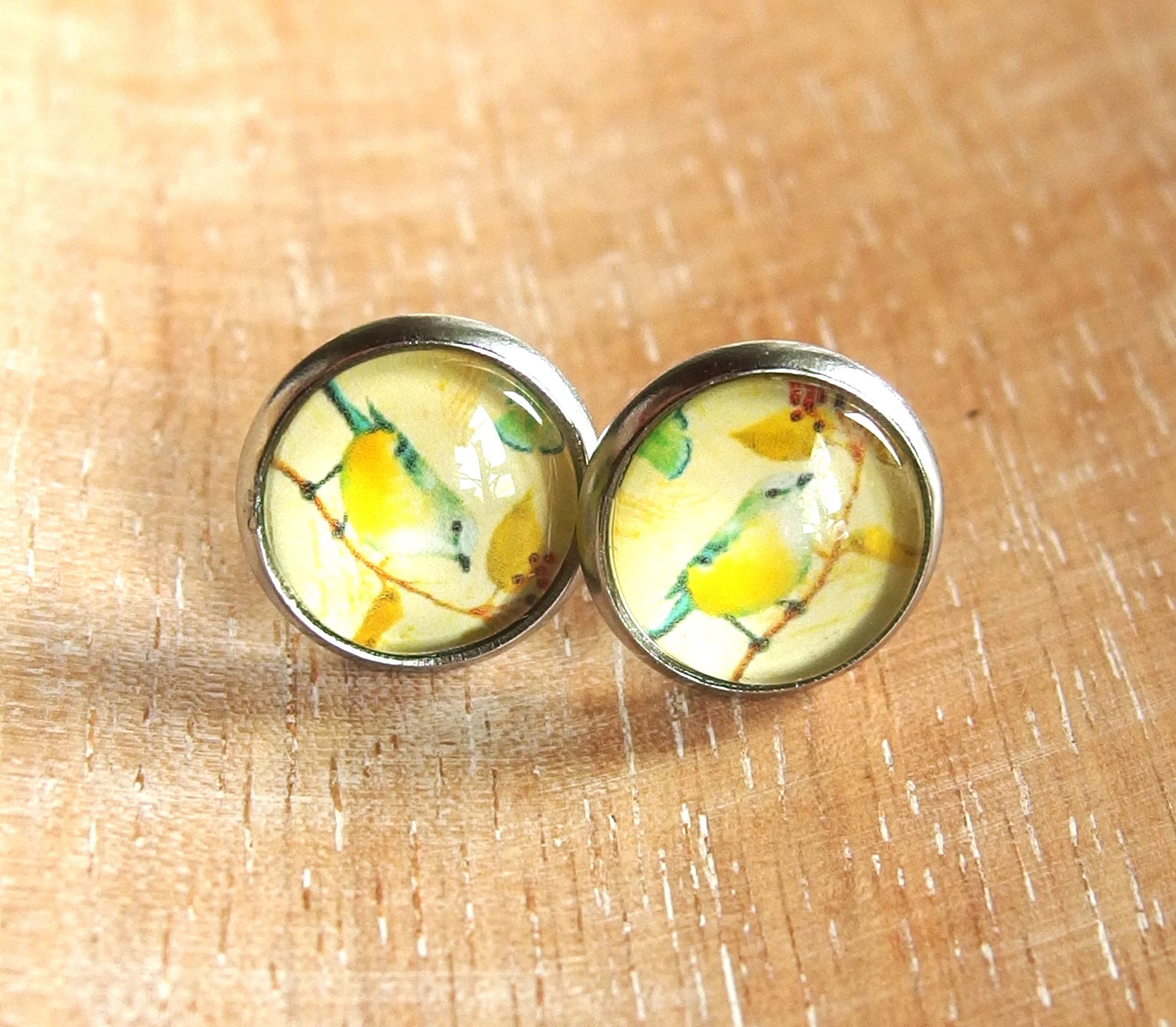 Ohrstecker Edelstahl mit Bild von Vogel Gelb hinter Glas, Fassung 11mm (Sternchenlieb)
