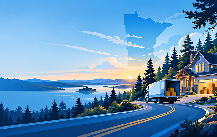 Illustrated moving truck beside a lake-country home and pine trees in Minnetrista, Minnesota