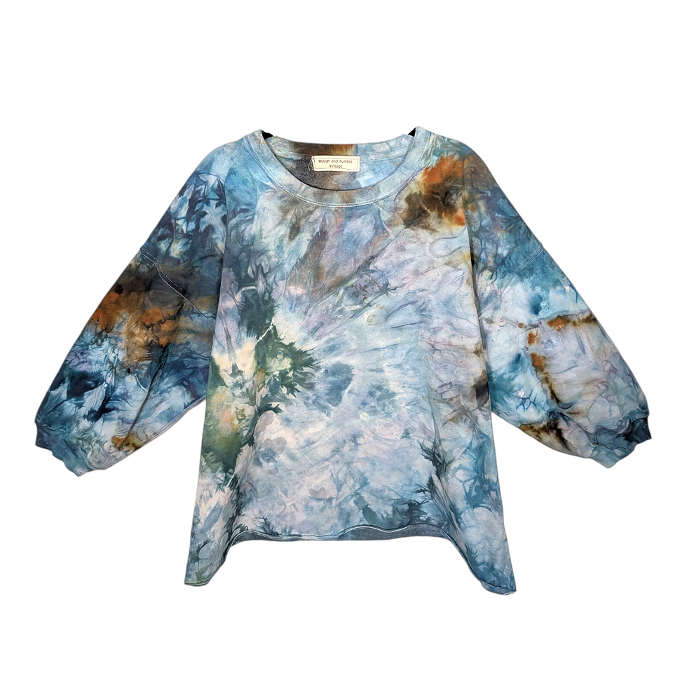 Thumbnail: Tie Dye Large color Crystal Blue $42.00 Raw Hem Drop 3/4 Sleeve Crewneck Sweatshirt