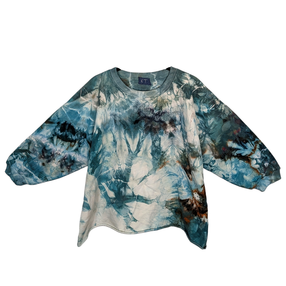 Thumbnail: Tie Dye Large color Blue watercolor $42.00 Raw Hem Drop 3/4 Sleeve Crewneck Sweatshirt