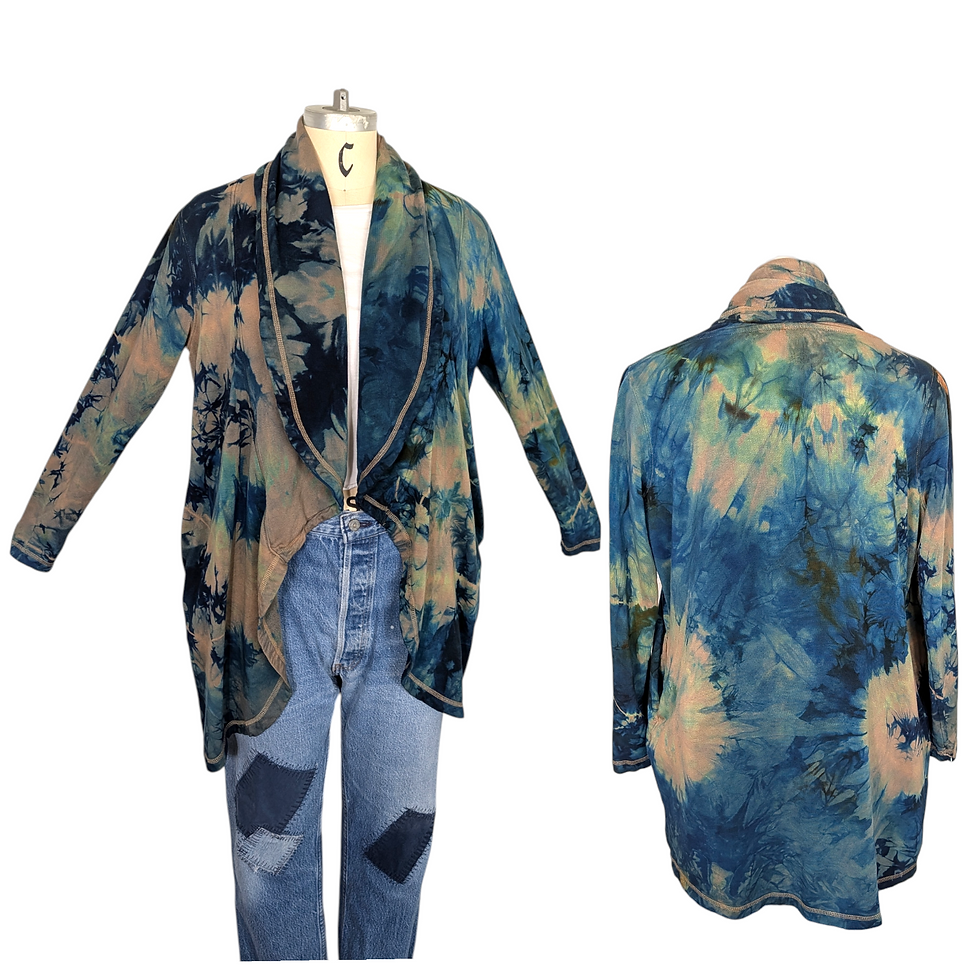Thumbnail: Tie Dye Flowy Fleece Lined Cardigan Medium $60.00  color Ocean Navy