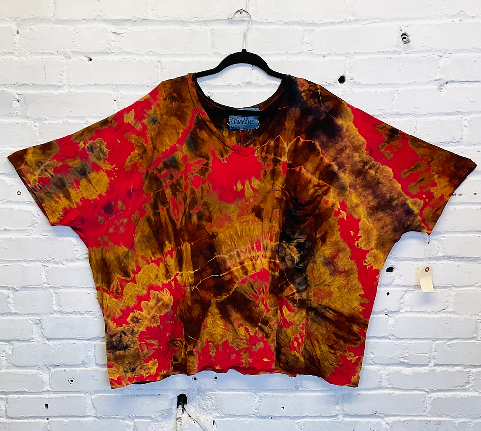 Thumbnail: Tie Dye color Burnt Red 2XL (PLUS) Boxy Rayon V-neck top w/front pocket Clearance