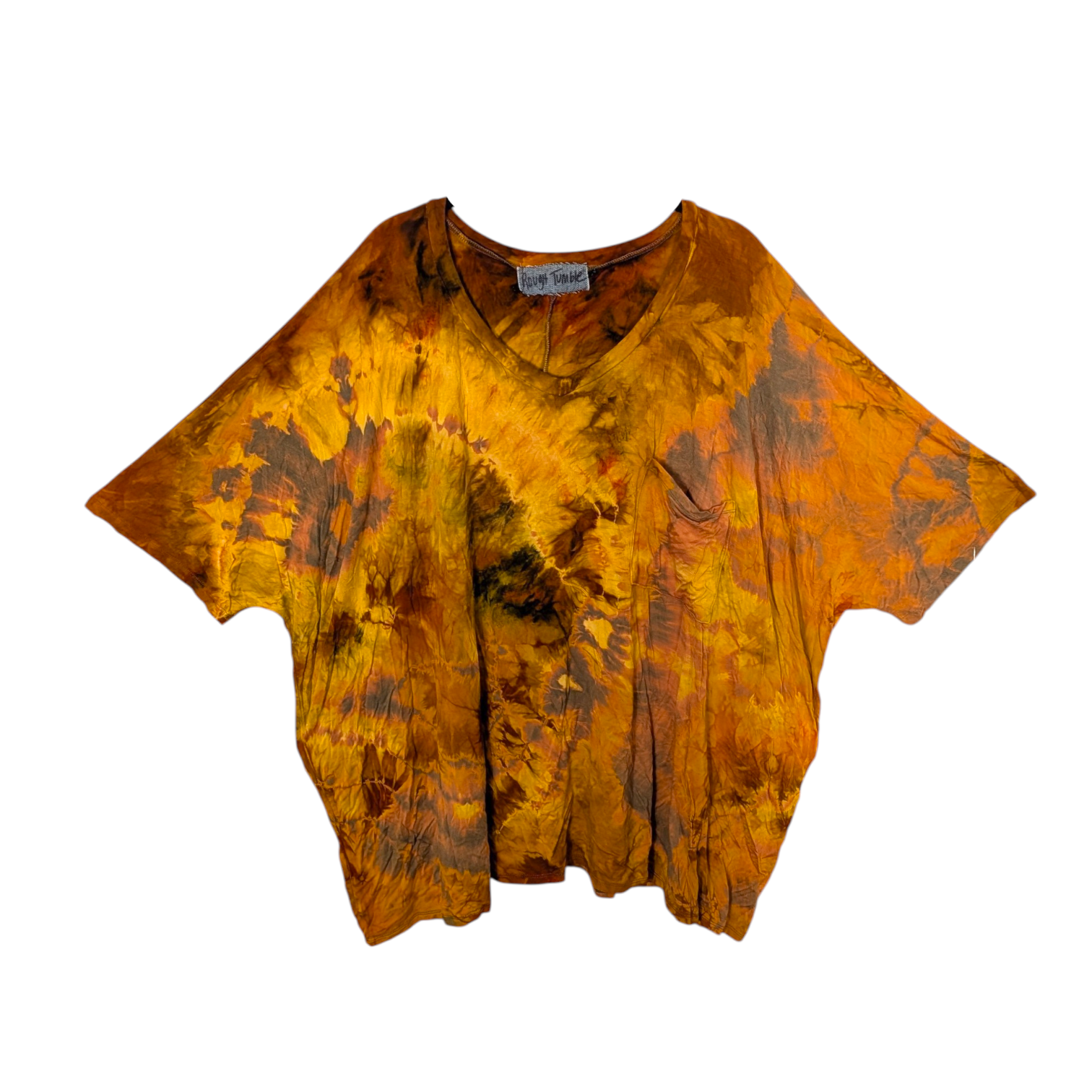 Tie Dye Color Burnt Honey Rayon Large Boxy Tee Oversized V-neck Rayon Top w/front pocket Clearance