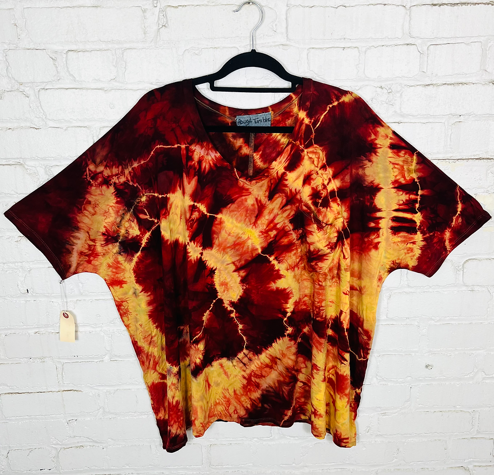 Thumbnail: Tie Dye Color Cherry Rayon Large Boxy Tee Oversized V-neck Rayon Top w/front pocket Clearance
