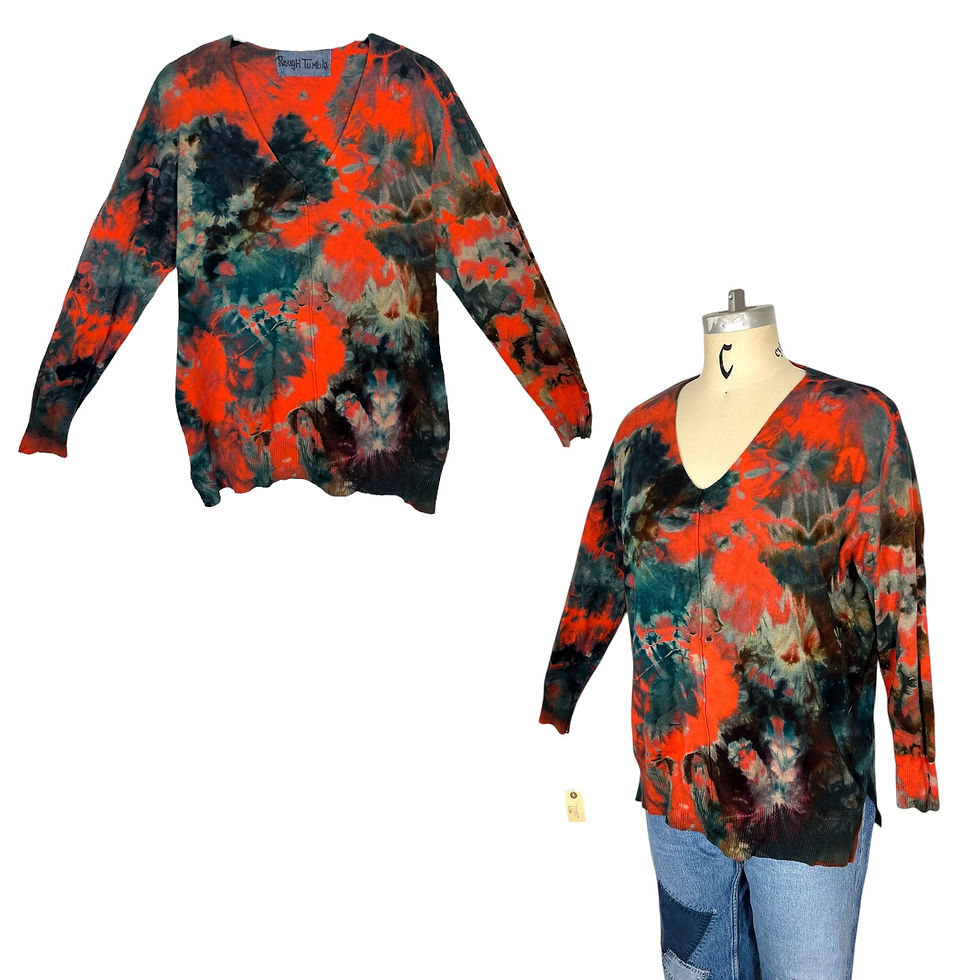 Thumbnail: Tie Dye color Burnt Orange Large-XLarge Rayon Knit Vneck Mid Length Sweater