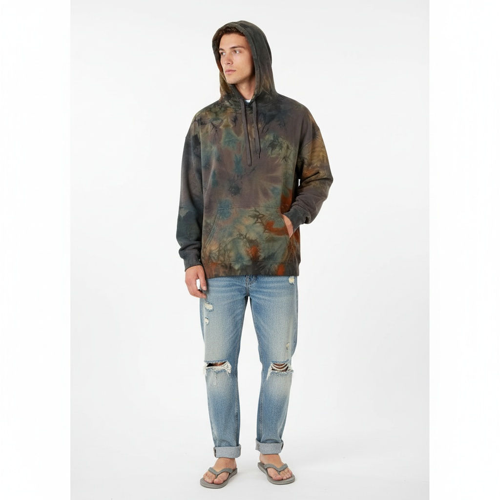 Rough and Tumble Vintage Large unisex hand-dyed fleece hoodie, earthy tie-dye, kangaroo pocket, inclusive sizing.