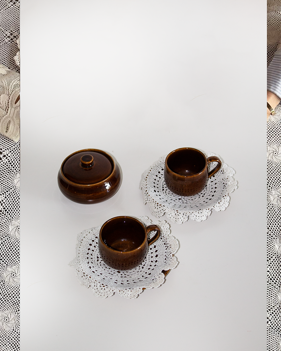 Mid Century Almond Brown Milikazi Tea Set with Doilies