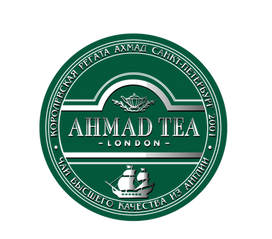Ahmad Tea London logo with a ship in the center and green circular design.
