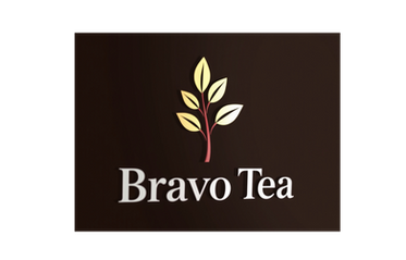 Bravo Tea logo on a dark brown background with a leaf.