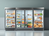 Refrigerated display cases filled with various fresh foods for sale in grocery store.