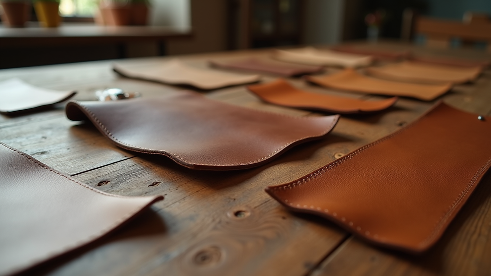 Eye-level view of various leather samples laid out on a wooden table