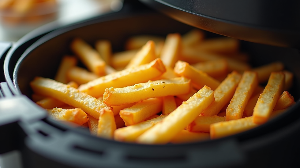 Close-up view of airfryer basket with cooked fries