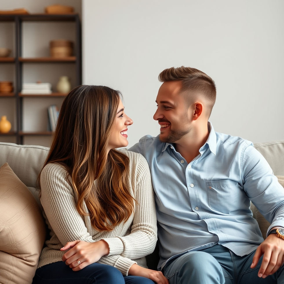 A couple sitting together on a couch, facing each other and smiling during a reflective conversation about their relationship.