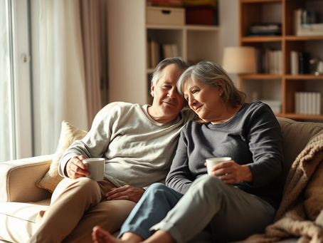 A couple sitting together on a couch in a softly lit living room, leaning slightly toward each other with expressions of vulnerability and connection, as if practicing a new way of communicating.
