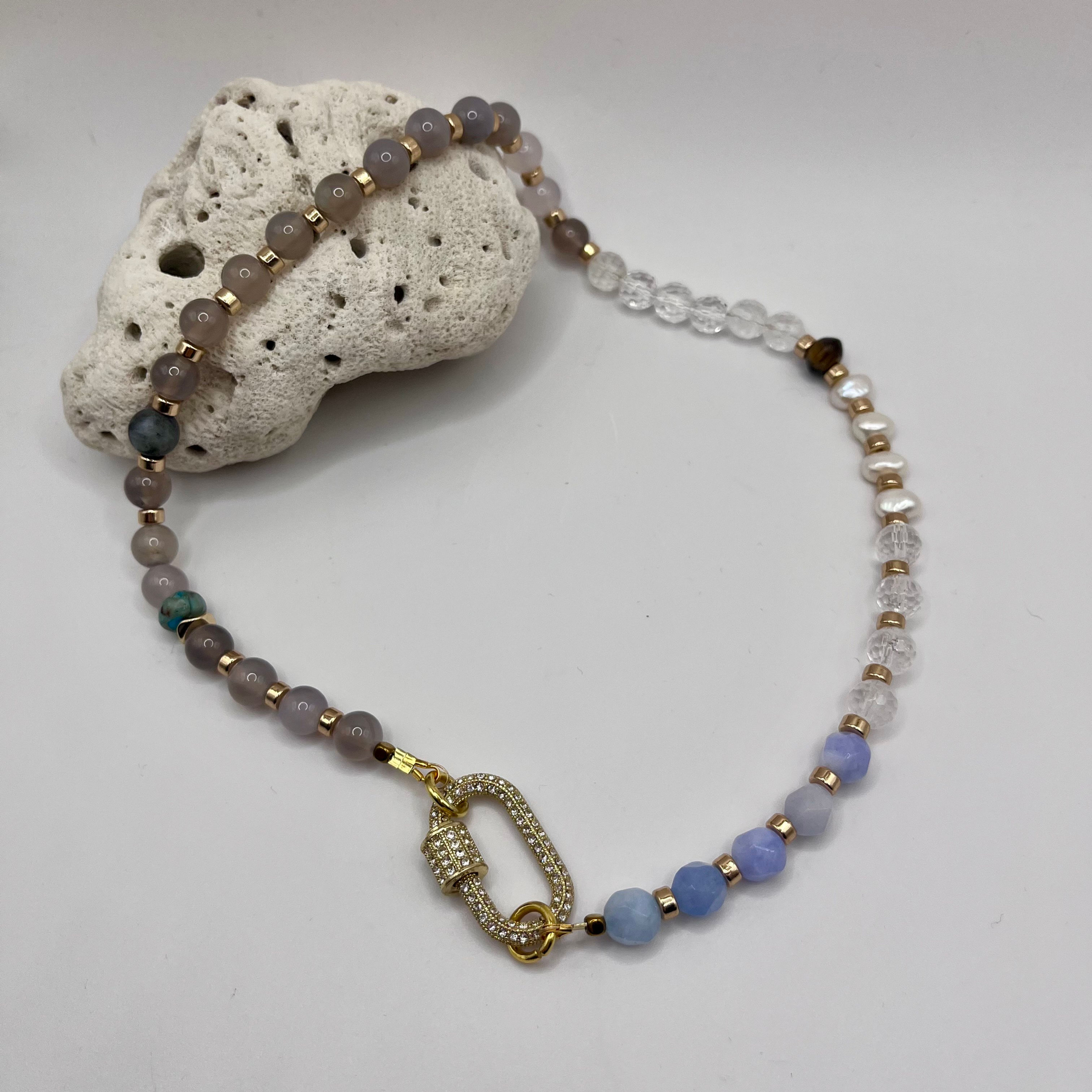 Handmade Clear Quartz and Gray Agate Necklace for Manifestation