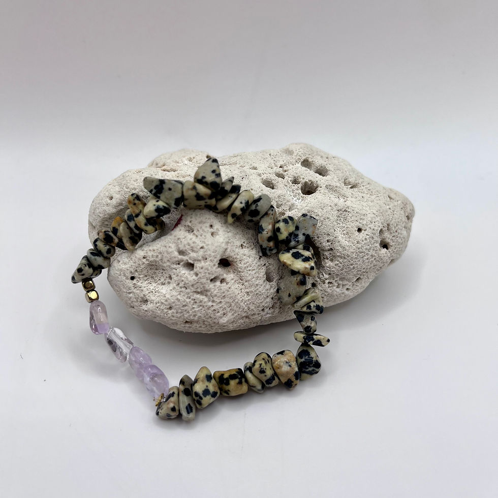 Thumbnail: Kunzite and Dalmatian Jasper Handmade Gemstone Bracelet