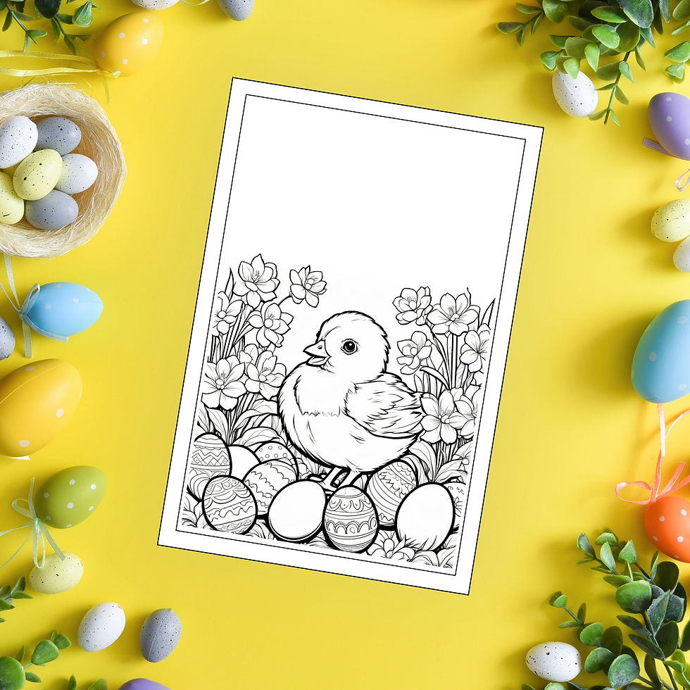 Pääsiäisaiheinen värityskuva lapsille – suloinen tipu koristeltujen pääsiäismunien keskellä kevätkukkien ympäröimänä