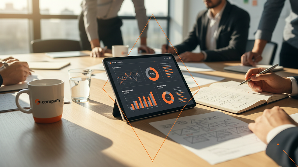 Close-up view of a digital tablet displaying data analytics charts during a training session