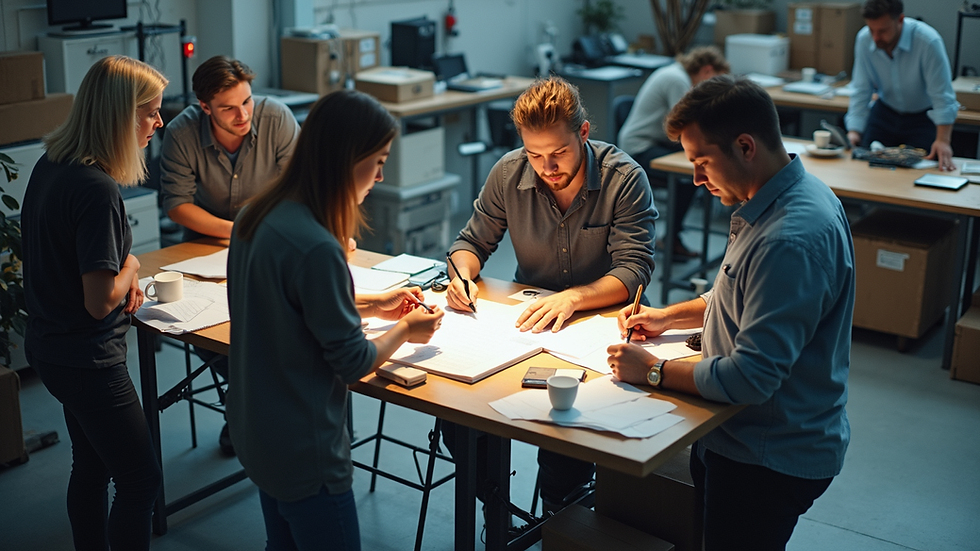 High angle view of a group of professionals collaborating in a workshop