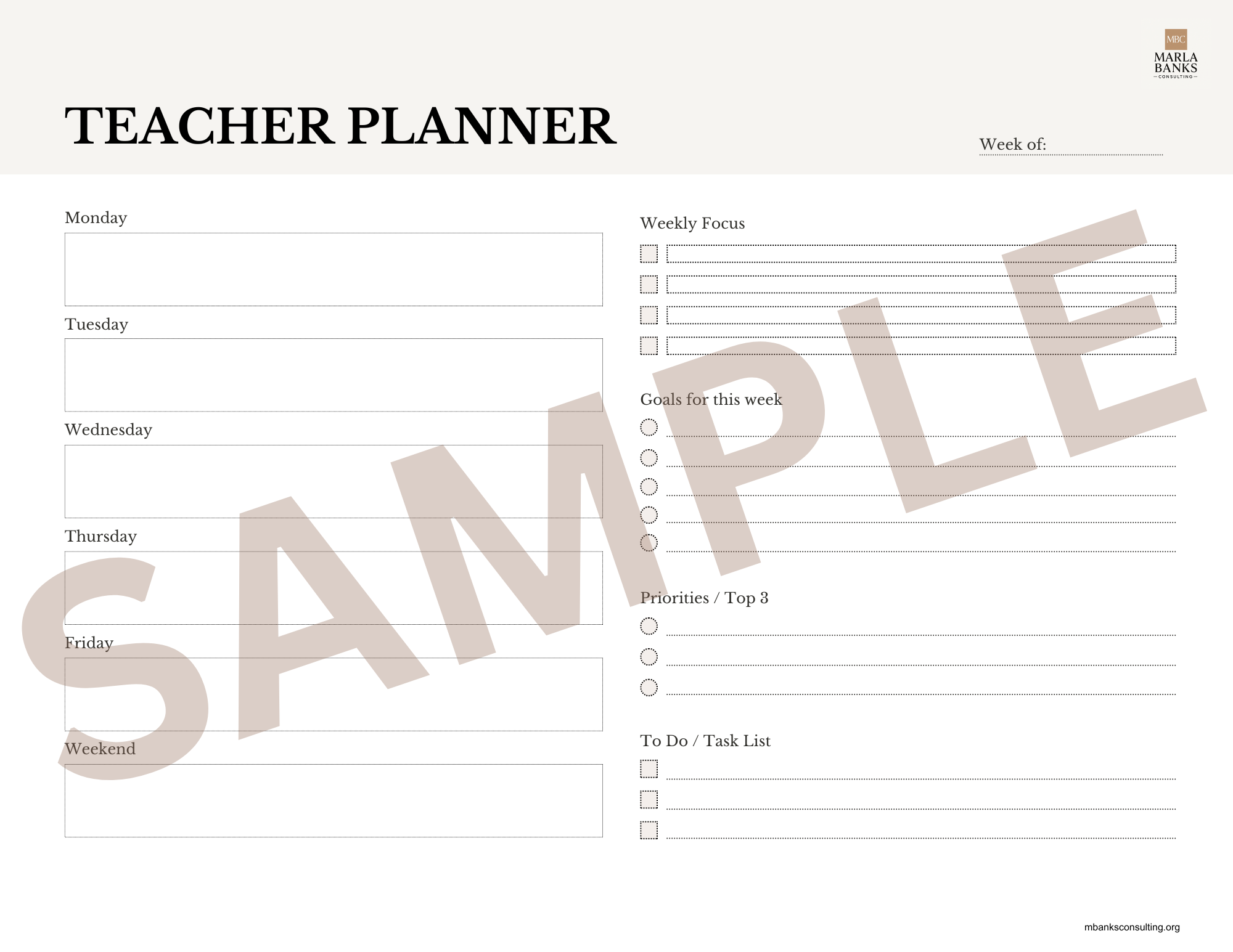 Teacher Weekly Planner