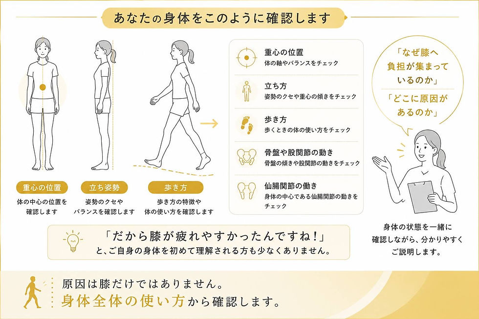 次に、立ち姿勢を確認し、その後普段どおり歩いていただきます。
ここでは、
・重心の位置
・立ち方
・歩き方
・骨盤や股関節の動き
・仙腸関節の働き
などを確認します。
歩き方には、その方の身体の使い方が表れます。
「なぜ膝へ負担が集まっているのか」
「どこに原因があるのか」を
身体の状態を一緒に確認しながら、分かりやすくご説明します。
「だから膝が疲れやすかったんですね!」
と、ご自身の身体を初めて理解される方も少なくありません。
