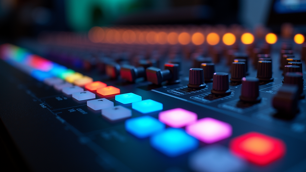 Close-up view of audio mixing console with colorful lights