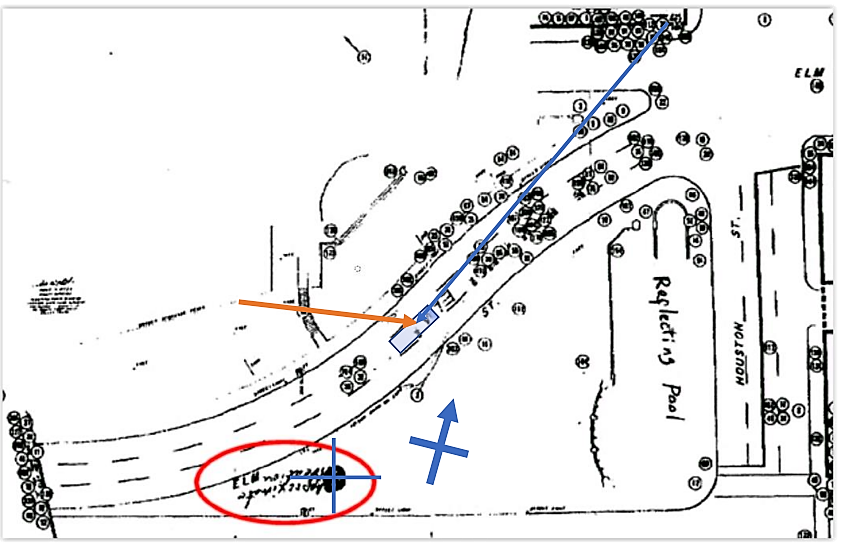The limousine is positioned at the location of the head shot. The Harper fragment was found at the bullseye.