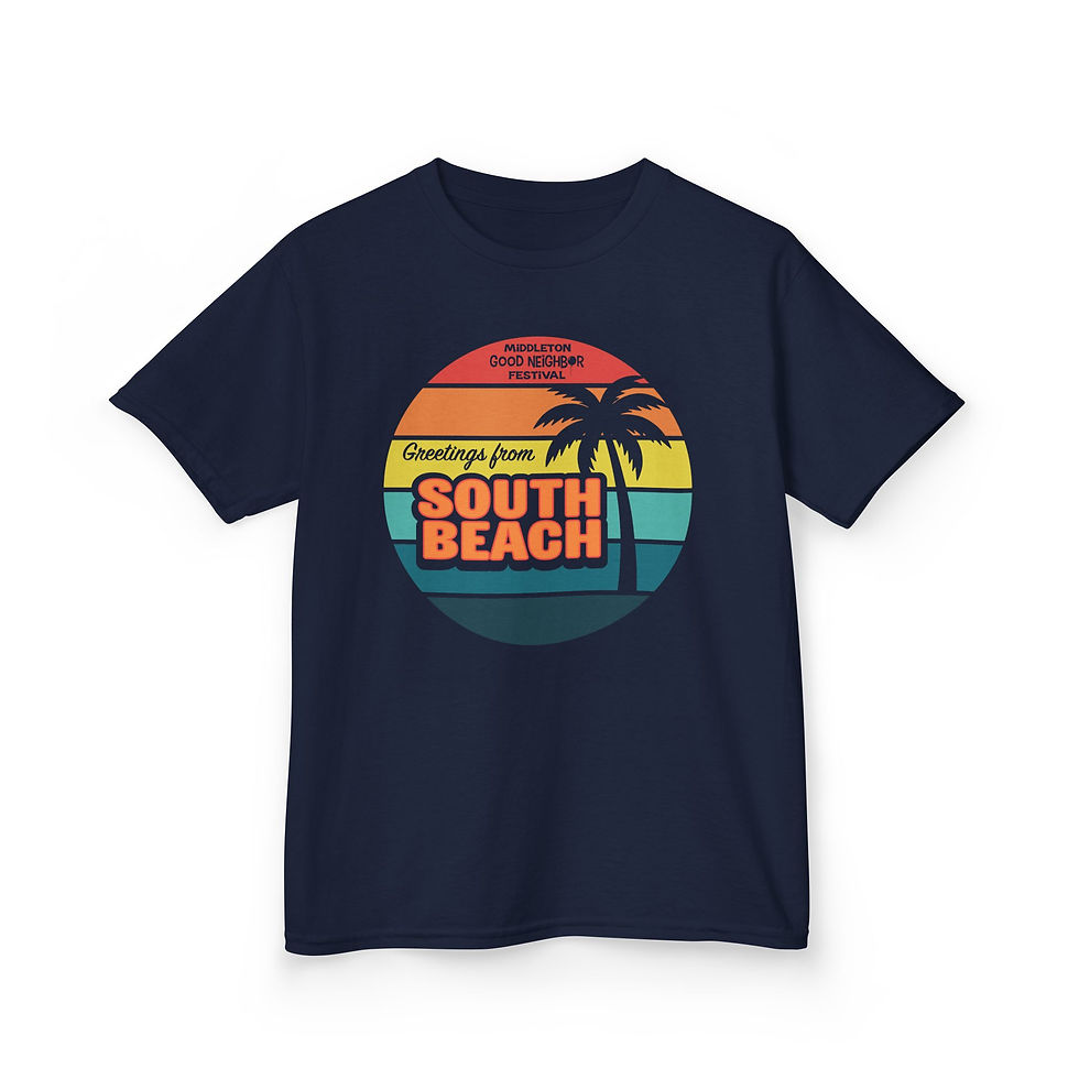 Thumbnail: Kids Tee - 'Greetings From South Beach' Retro Palm Sunset Design