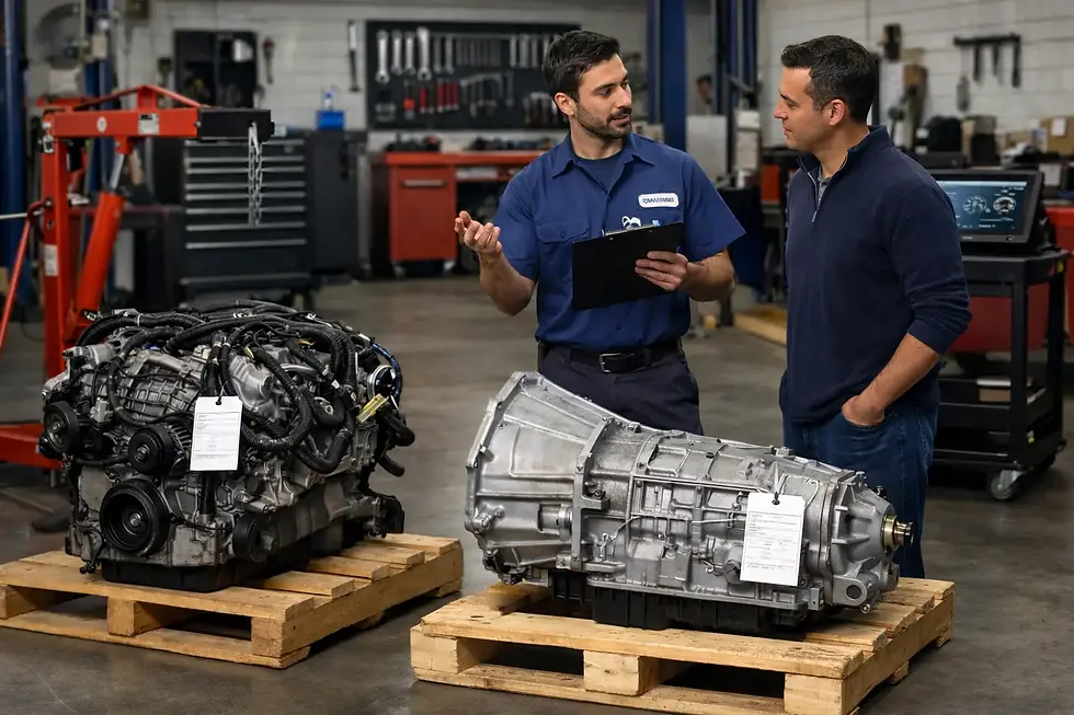 Mechanic explaining used powertrain