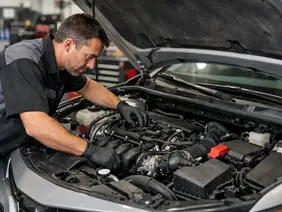 Mechanic inspecting Toyota Camry engine bay