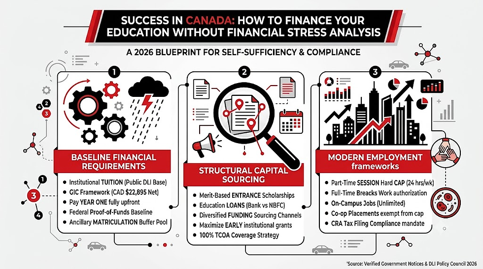 Minimalist black, red, and white infographic charting a comprehensive how to finance your education in Canada without financial stress analysis. The corporate flowchart outlines baseline financial requirements under industrial gear and weather icons, evaluates structural capital sourcing options through a central magnifying glass focusing on documents, and tracks modern student employment frameworks against an upward-trending city skyline.