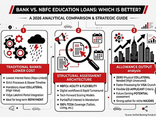 Minimalist black, red, and white infographic charting a comprehensive bank vs nbfc education loans analysis. The corporate flowchart outlines traditional banks' lower-cost advantages under industrial gear and weather icons, evaluates specialized NBFCs via the structural assessment architecture with a central magnifying glass, and tracks allowance output parameters against an upward-trending city skyline.