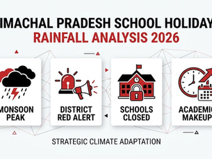 Infographic titled 'Himachal Pradesh School Holidays Rainfall Analysis 2026' on a plain white background, displaying key stages for monsoon peak, district red alert, school closures, and academic makeup in black, red, and white.