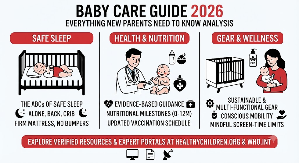 "Infographic showing a baby care guide analysis, covering safe sleep ABCs, pediatric health and nutrition milestones, and sustainable gear."