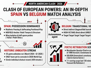 Minimalist black, red, and white corporate infographic providing a detailed Spain vs Belgium match analysis, outlining Spain's possession dominance, Belgium's transitional verticality, historical unbeaten streaks, and poetic retribution scripts.