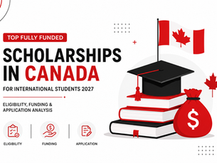 Canadian university campus with international students reviewing fully funded scholarship application documents.
