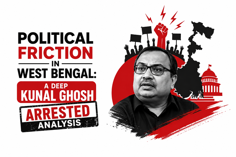 Political analysis of Kunal Ghosh's arrest in West Bengal with red, black, and white news-style graphics.
