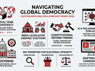 Infographic summarizing 2026 election news analysis, featuring global voting trends, U.S. midterms, AI misinformation risks, and shifts in digital news consumption in black, red, and white.