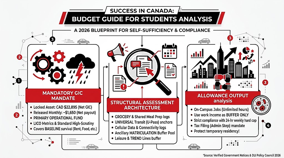 Minimalist black, red, and white infographic charting a comprehensive monthly budget guide for students in Canada analysis. The corporate flowchart outlines the mandatory GIC mandate parameters under industrial gear and weather icons, evaluates the modern structural assessment architecture through a central magnifying glass focusing on documents, and tracks allowance output parameters against an upward-trending city skyline.
