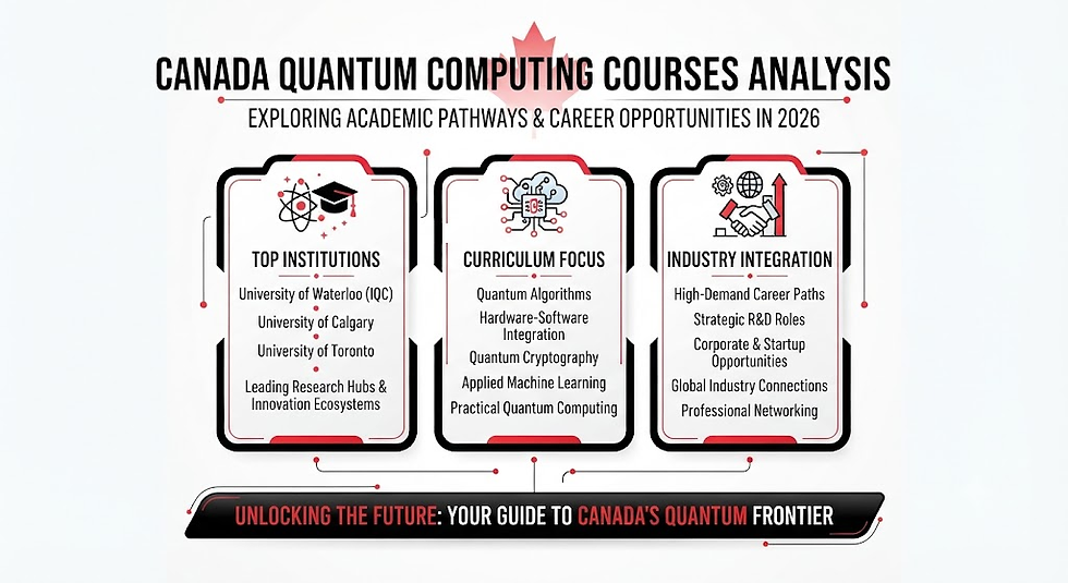 A professional black, red, and white infographic analyzing quantum computing courses in Canada, highlighting top academic institutions, curriculum focus, and industry integration for 2026