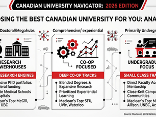 Minimalist black, red, and white infographic offering a structured best canadian university for you analysis. The three-panel comparison matrix breaks down Medical Doctoral hubs as research powerhouses, Comprehensive schools as co-op focused, and Primarily Undergraduate institutions as small-class environments.