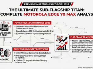 Minimalist black, red, and white infographic charting a comprehensive motorola edge 70 max analysis. The structured dashboard outlines the device's powerhouse Snapdragon 8 Gen 5 core, its 7,100mAh magnetic power delivery ecosystem, and its 7,000-nit flat-frame transformation details.