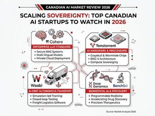Minimalist black, red, and white infographic charting top Canadian AI startups to watch, profiling Cohere (Enterprise LLMs), Tenstorrent (AI Hardware), Waabi (Autonomous Transport), and Deep Genomics/BenchSci (Biomedical AI).
