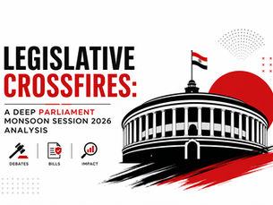 Indian Parliament Monsoon Session 2026 illustration with legislative debate and policy analysis.