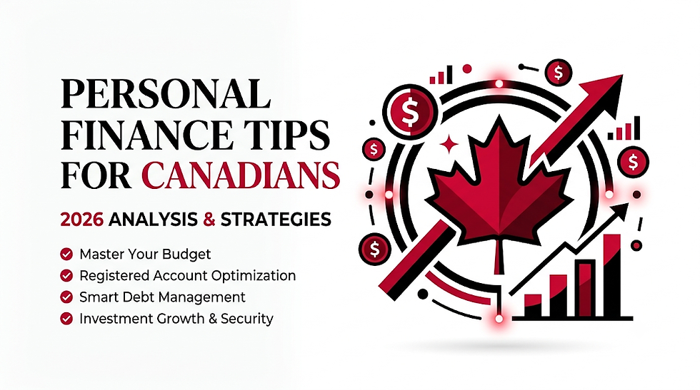 Infographic featuring a Canadian maple leaf and financial growth charts, representing personal finance tips for Canadians in 2026.