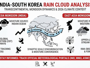 "Infographic showing India South Korea rain cloud analysis, detailing transcontinental monsoon dynamics, moisture convergence, and regional teleconnections."