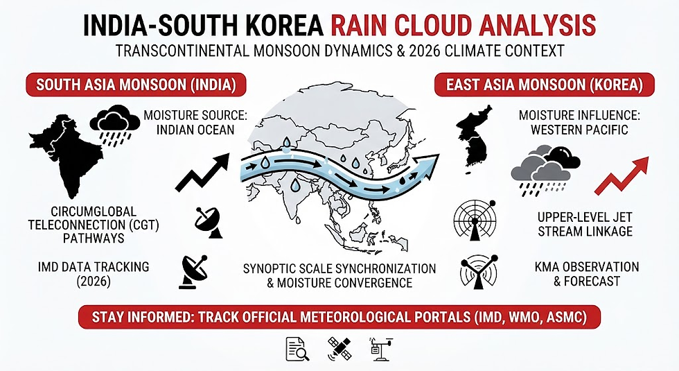 "Infographic showing India South Korea rain cloud analysis, detailing transcontinental monsoon dynamics, moisture convergence, and regional teleconnections."