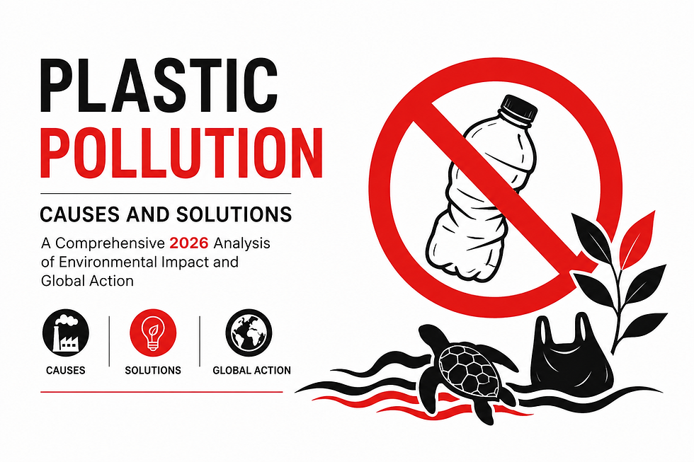 Plastic pollution infographic showing environmental impact, causes, and sustainable solutions in 2026.